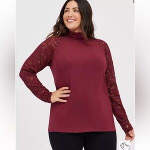 Torrid size 00x 10 M/L Lace Sleeve Mock Neck Top - Super Soft Wine